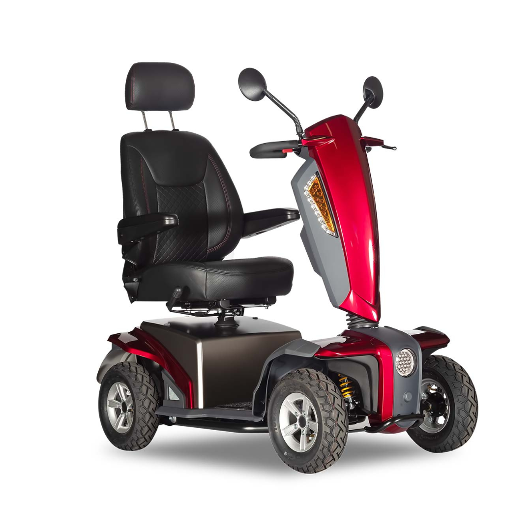 The Heartway VitaExpress Heavy Duty All-Terrain Scooter is a red and black four-wheeled outdoor mobility scooter featuring a padded seat, armrests, headrest, and handlebars for comfortable personal transportation.